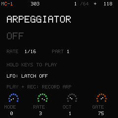 The arpeggiator page with mode set to OFF.
