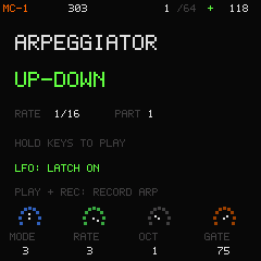 Arpeggiator set to UP-DOWN, sixteenth notes, three octaves, 75 percent gate and latch enabled in green.