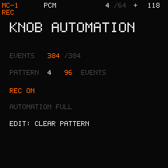 KNOB AUTOMATION display showing the full 384-event project capacity and the current pattern count.