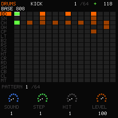 Actual drum pattern display with orange hits and a green active playback column.