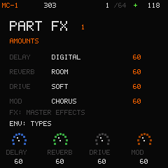 Track effects AMOUNTS page showing DELAY, REVERB, DRIVE and MOD controls.