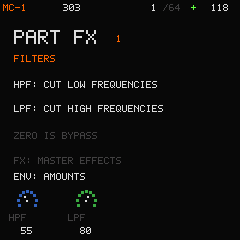 Track effects FILTERS page with independent high-pass and low-pass controls.