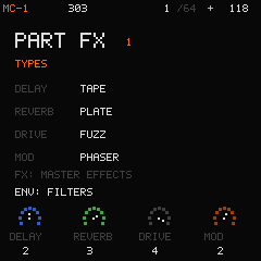 Track effects TYPES page showing the chosen delay, reverb, drive and modulation algorithms.