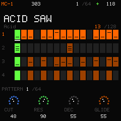 Actual MC-1 display playing ACID SAW: four pattern rows, orange notes, green active steps and four sound controls.
