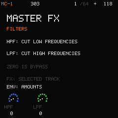Master FILTERS display with high-pass and low-pass controls.