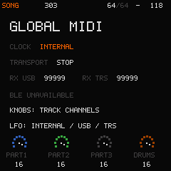 GLOBAL MIDI display showing Internal clock, stopped transport, USB and TRS receive counters, four track channel controls and BLE unavailable.