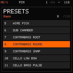 The seven-row PRESETS list with CONTRABASS ROUND selected in orange, number 8 of 128.